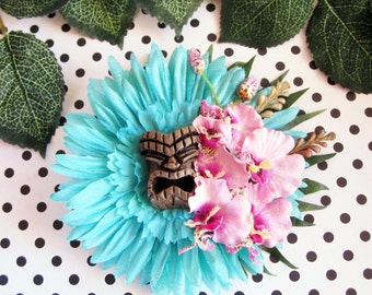 Turquoise Tiki Hair Clip, Tiki Hair, Tropical Hair Clip, Pinup Hair Clip, Beach Hair