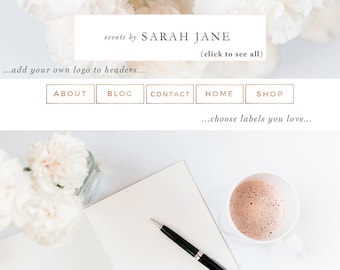 Website Branding Kit, Floral Pink Peach Rose Gold Theme, Blogger Design, Wordpress Blog Header, Social Media Icon, Buttons, Labels, Borders