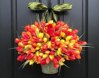 May Flowers,Floral Wall Pocket, Metal Buckets, Spring Tulips XXL, Front Door Decor Country French, Shabby Chic, Wreaths