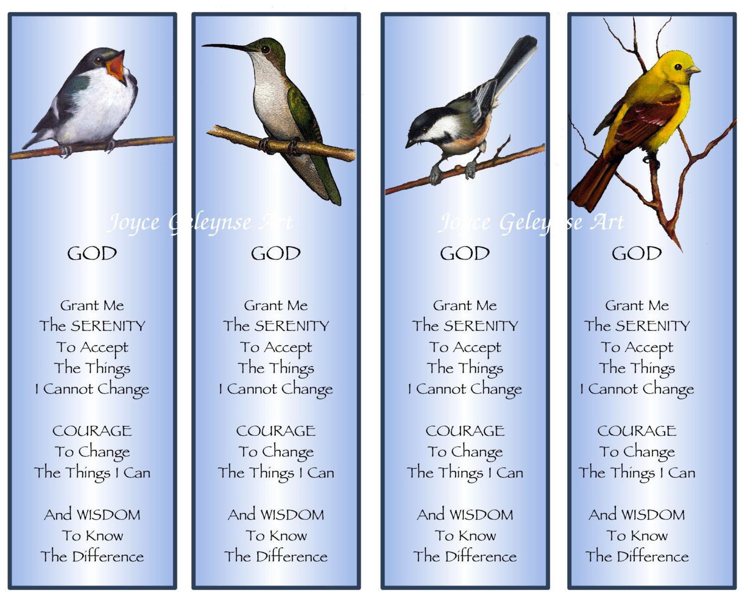 printable bookmarks artwork of birds serenity prayer
