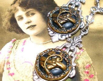 1800s BUTTON earrings, Victorian flowers on silver. One of a kind button jewellery.