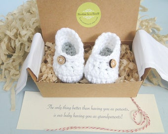 Grandparent Pregnancy Announcement, Pregnancy Reveal, Personalized Message, BOOTIES IN A BOX®, Baby Boy or Girl Booties, Ready To Ship