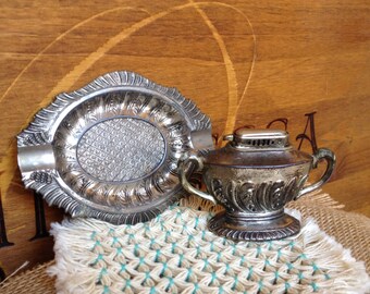 Vintage 1940's Silver Japanese Lighter & Saucer