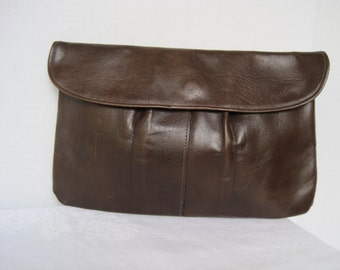 Vintage Brown Leather Clutch Bag Leather Handbag Unlined Clutch Dark Brown
