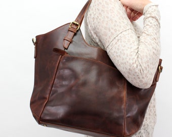 Distressed Brown Leather Handbag, Leather Tote, Shoulderbag, Scooped Top