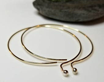 Modern Hoop Earrings, Natural Brass W/ Fine Silver Drops, Medium - Large Gold Hoops, Simplistic Earrings, Open Hoops, Mimimalist Earrings