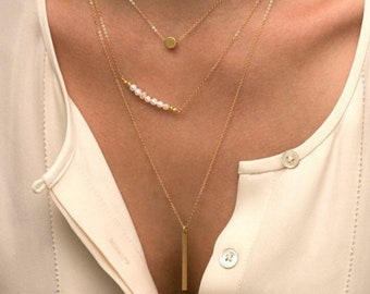 3 Layer Chain Bar Necklace Beads and Long Strip Pendant Necklaces Jewelry. Layer Neckalce. Pearl Necklace. .