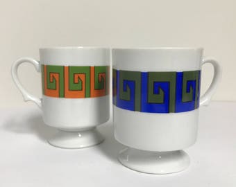2 Vintage Pedestal Mugs With Greek Meander Pattern
