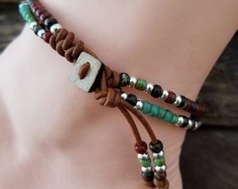 Beaded Leather Wrap Anklet Ankle Bracelet Seed Bead Leather Wrap Ankle Bracelet Bohemain Jewelry Beach Jewelry