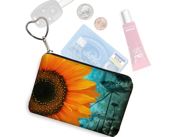 Small Zipper Pouch Coin Purse Keychain Key Fob Rustic Wedding Gift Business Card Holder Sunflower Floral blue yellow black RTS
