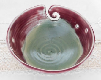 Thrown Stoneware Pottery Knitting Bowl with Yarn Slide, Yarn Bowl, Soft Green, Purple, 6 Holes