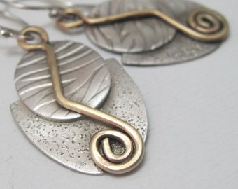Mixed metal sterling silver and brass, and textured boho artisan handmade earrings, artisan mixed metal drop earrings metalsmith jewelry