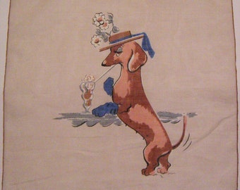 Vintage Burmel Hankie of a Female Dog Having an Ice Cream Soda