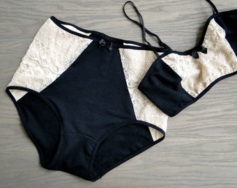 Organic cotton underwear, organic lingerie black bralette high waist panties