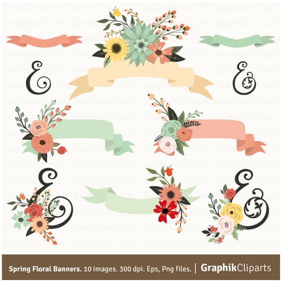 Spring Floral Banners Clipart. Flowers Ribbons Vector