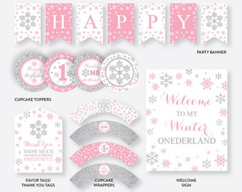 Instant Download, Winter Wonderland Party Package, Winter Onederland Birthday Package, First Birthday Party Package, Pink and Silver(GKB.02)