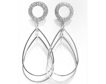 Sliver Sparkle Tunnel Teardrop Dangle Plugs / 6g, 4g, 2g, 0g, 00g, 7/16, 1/2, 9/16, 5/8, 11/16, 3/4, 7/8, 1in / Hanging Drop Plugs / Wedding