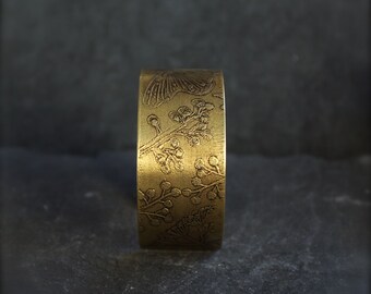 Butterfly Garden Bracelet - Etched Gold Brass, Dark Oxidized Patina, Wide Metalwork Cuff, Queen Anne's lace