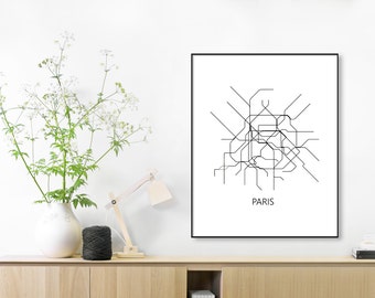 black white linesvintage map retroparis subway mapprint paris