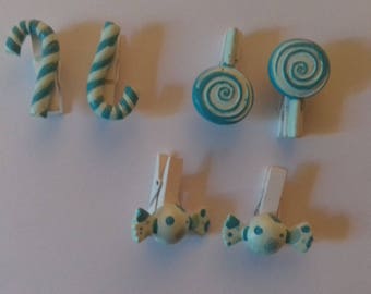 Set of 6 linen candy clips blue