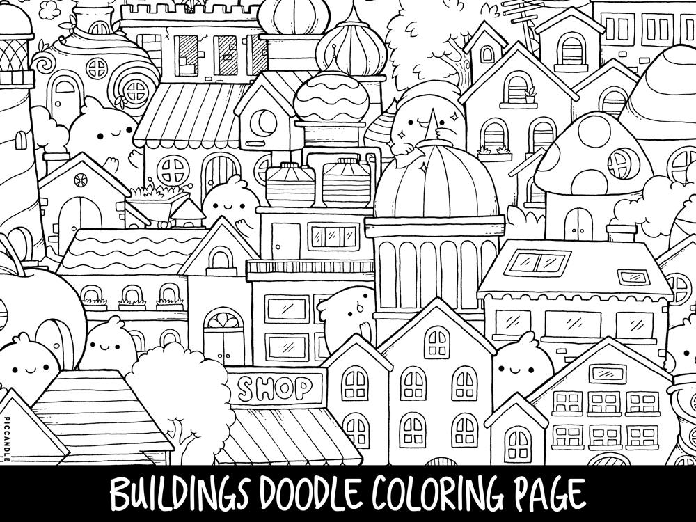 buildings doodle coloring page printable cutekawaii