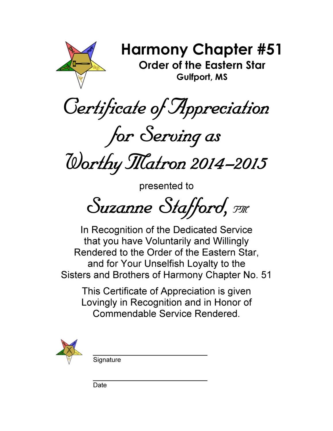 for letter service years thank 40 you of and Past Appreciation OES Worthy Past Matron Certificate of