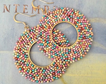 Boho Wildflower Hoop Beaded Dangle Earrings Statement Jewelry