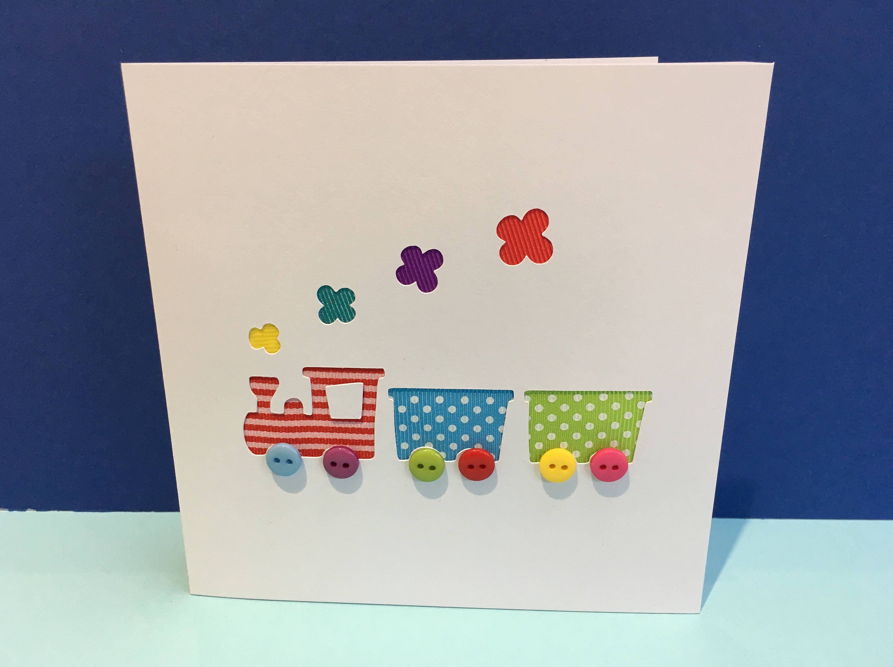 Train Card Hand Cut Steam Train with Button Wheels Paper