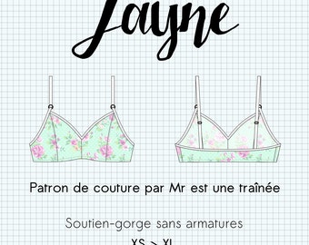 Sewing pattern lingerie PDF, "Jayne", BRA, brassiere, XS to XL, in french