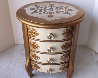 Vintage Florentine jewelry box music box large 4 drawer round plays Lara's Theme Dr. Zhivago gold and white paint Apco Japan gift for her