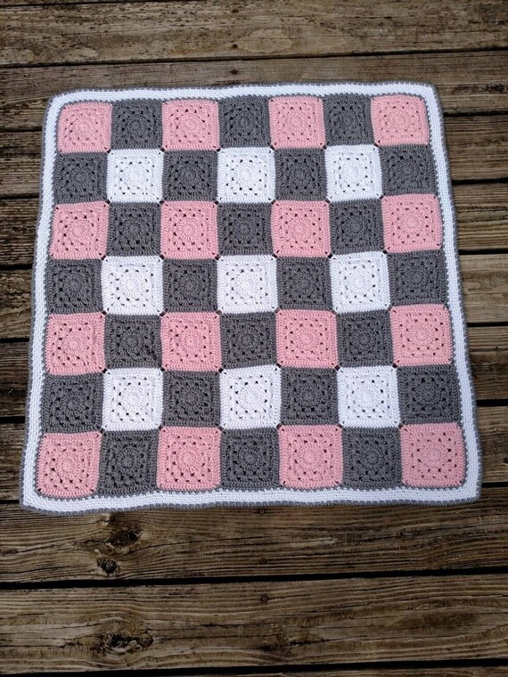 to quilt how squares crochet together Pink Blanket White Hand and Crochet Gingham Gray Baby