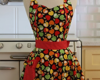 The MAGGIE Vintage Inspired Colorful Apples on Black Full Apron