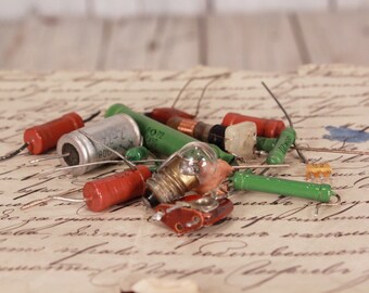 Vintage capacitors, Resistors and diodes, Scrap electronics, Audio electrical parts, Art supplies steampunk, Lot of electronic components