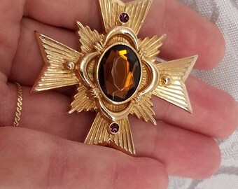 Vintage AVON Maltese Cross Brooch Pendant Combo Signed Gold Tone Metal Large Amber Rhinestone Center Womens Jewelry Anna Rose Gifts Deco