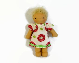 7 inch, 8 inch, 9 inch Waldorf doll dress, pink and green zinnia doll dress, toy clothing, tiny doll dress