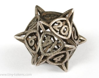 D20 Gaming Die, Stainless Steel - 'Center Arc' Metal Balanced Dice