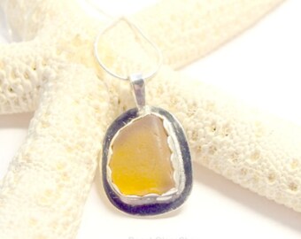 Sea Glass Gift, Sterling Sea Glass Necklace, Rare Sea Glass Necklace, Yellow Vintage Glass Jewelry, Sea Glass Jewelry