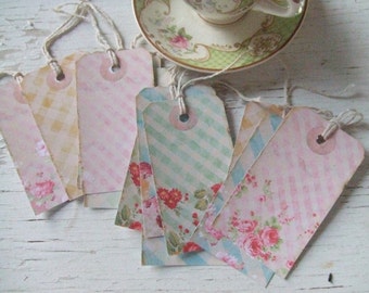 Gift tags - cottage chic tags - gingham - roses - small gift tags - flowers - embellishments - vintage inspired