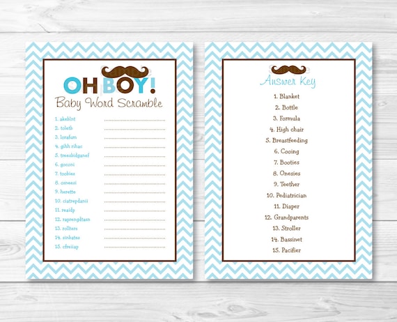 Mustache Oh Boy Baby Word Scramble / Baby Shower Game