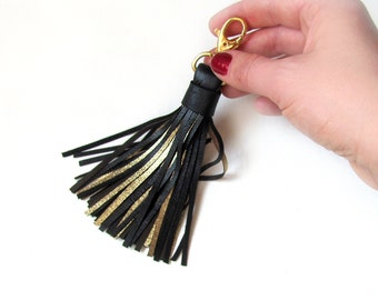 Leather Tassel, Black and Gold tassel keychain