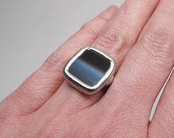 Dark Horizon - Sterling Silver Stained Glass Ring - Size 6.5