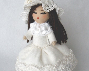 Soft Face Bendy Doll, Fabric Head Wire Doll, Bendable Figurine, White Christmas "Cordelia" Victorian Art Doll