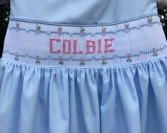 Personalized/Name Hand Smocked Sundress/Jumper/Blue Broadcloth