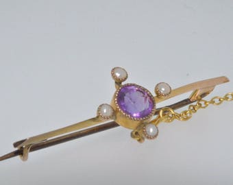 9ct yellow gold period amethyst & seed pearl period bar brooch with safety chain