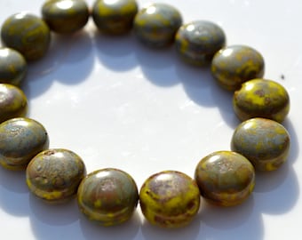 Mustard Yellow Green PIcasso 10mm Coin Beads 15