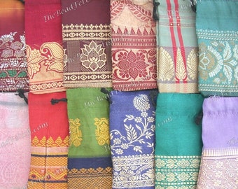 Recycled Sari Drawstring Gift Bags, 12 ~ 4 x 3" Fabric Gift Bags, Multi Colored Gift Bags, Bohemian Gift Bags, Handcrafted Bags MS-034-27