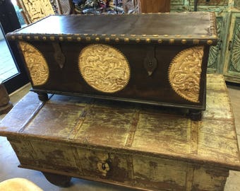 Spice Route Journey Vintage Tobacco Dark Brown Trunk Coffee Table, Circle Floral Carved Chest , Old Farmhouse Chic