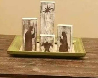 Hand Painted Four Block Nativity - Brown/White