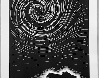 Lino Print: Do You Ever Think About What's Out There? - Linocut, Signed and Numbered Art print, Edition of 100