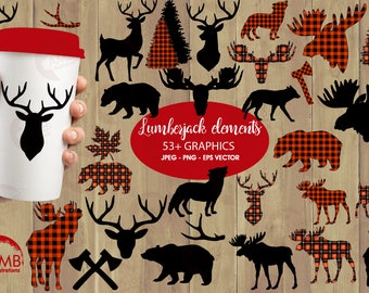Lumberjack clipart, Buffalo plaid clipart, 54 Forest animal silhouettes, Moose, Trees, Wolf, Deer, Bear, Antlers, AMB-2315